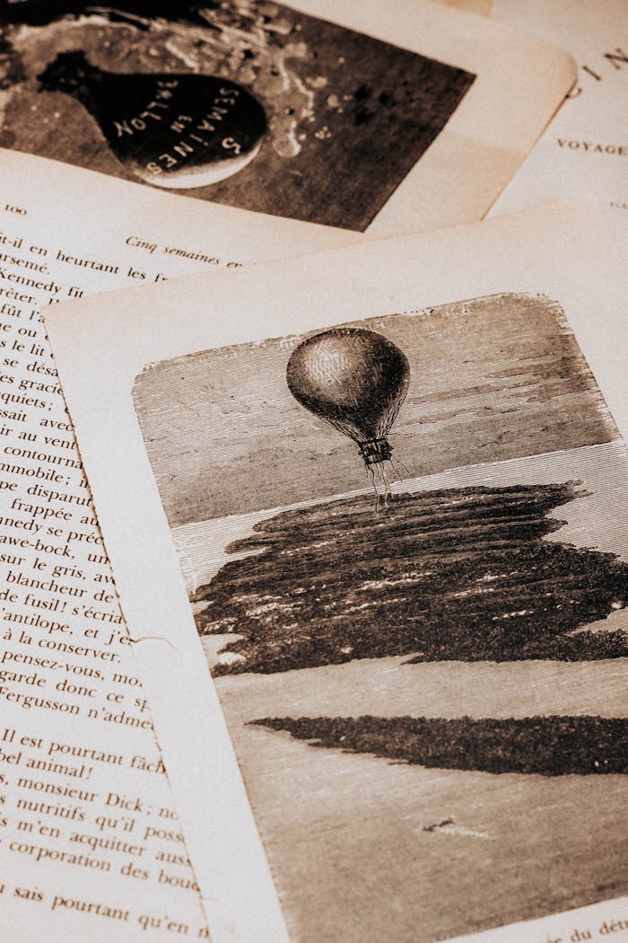 ours-journey Sepia vintage illustration of hot air balloon on nostalgic papers.